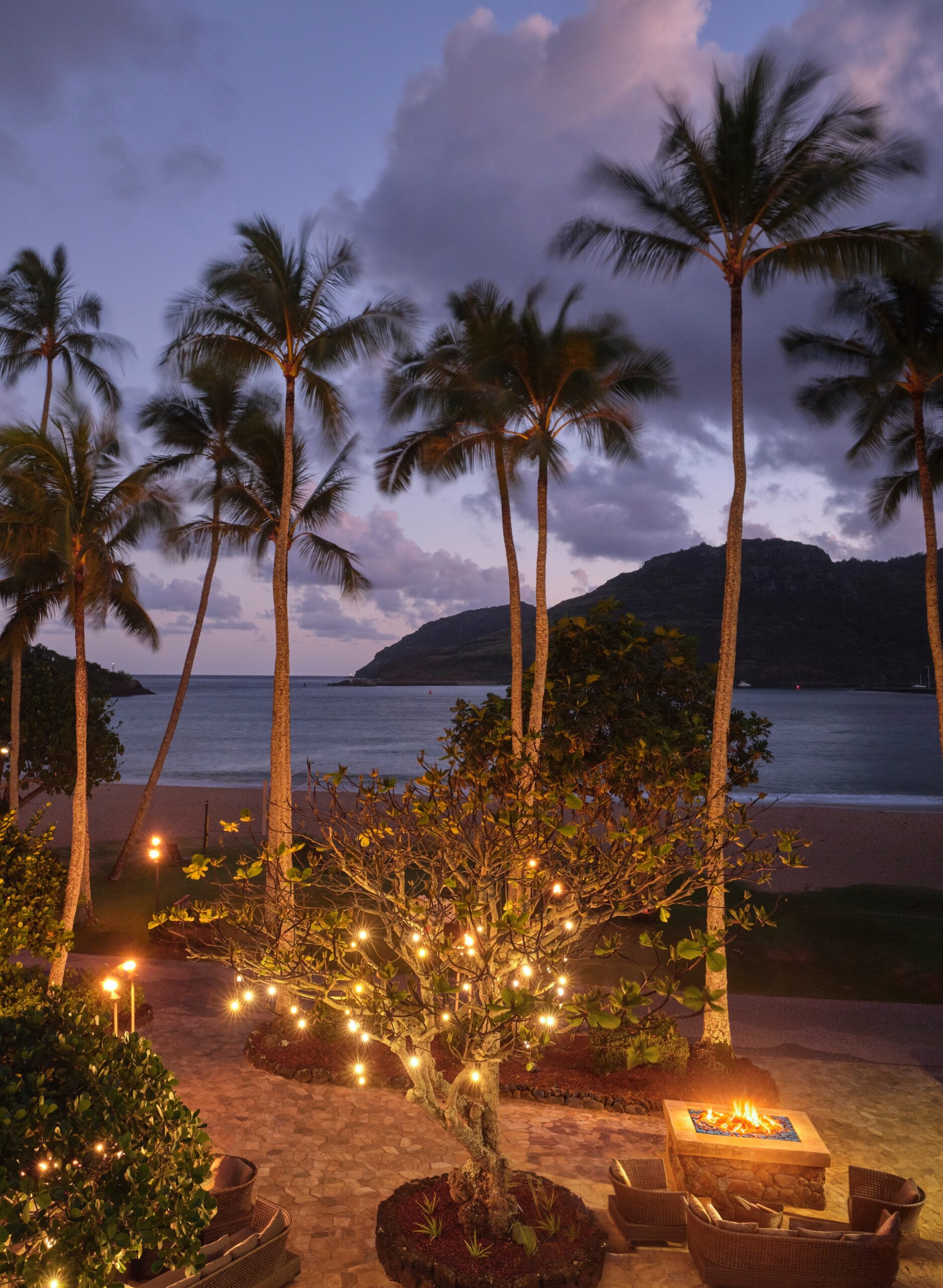 Tranquil Hawaiian beach scene at dusk, with palm trees framing the colorful evening sky.