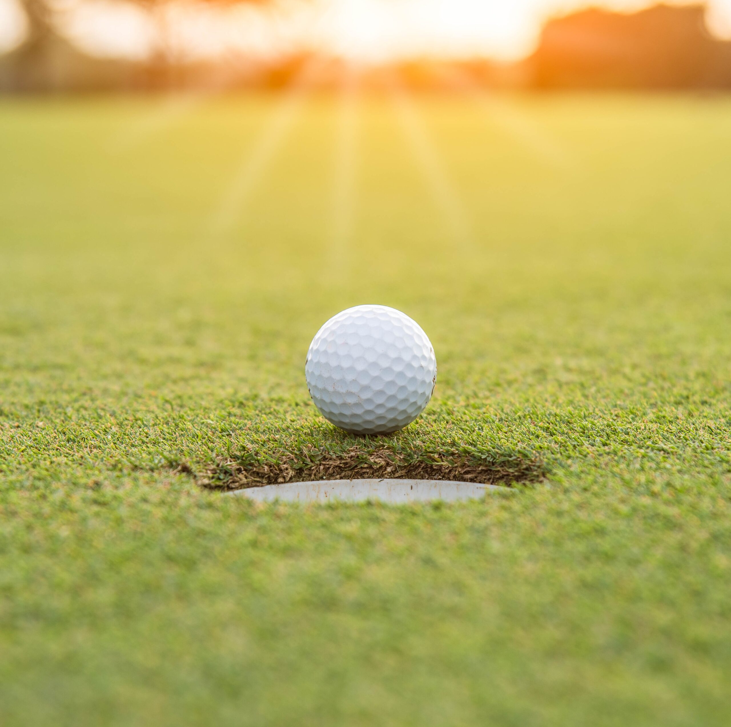 A golf ball positioned on a vibrant green golf course, ready for a putt.